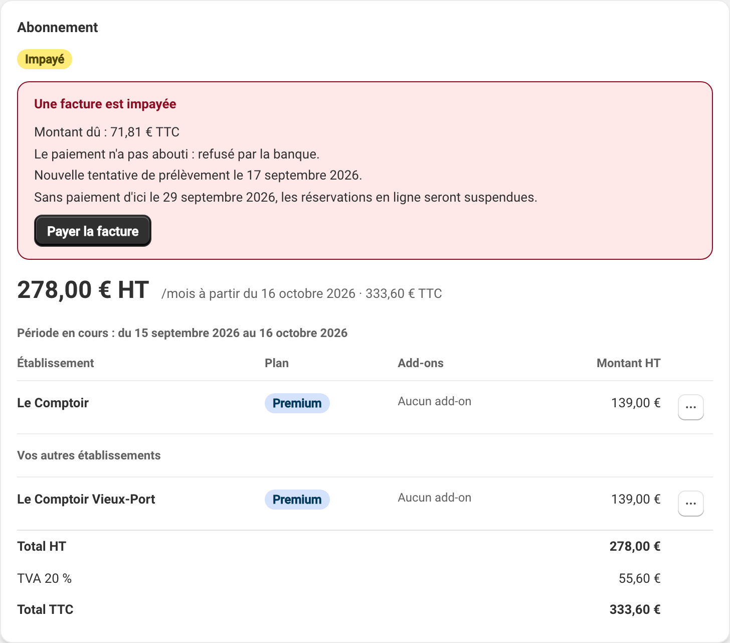 La carte Abonnement d'un compte Impayé : « Une facture est impayée », le Montant dû, « Le paiement n'a pas abouti : refusé par la banque. », la date de la nouvelle tentative de prélèvement, la date de suspension des réservations en ligne sans paiement, et le bouton Payer la facture.