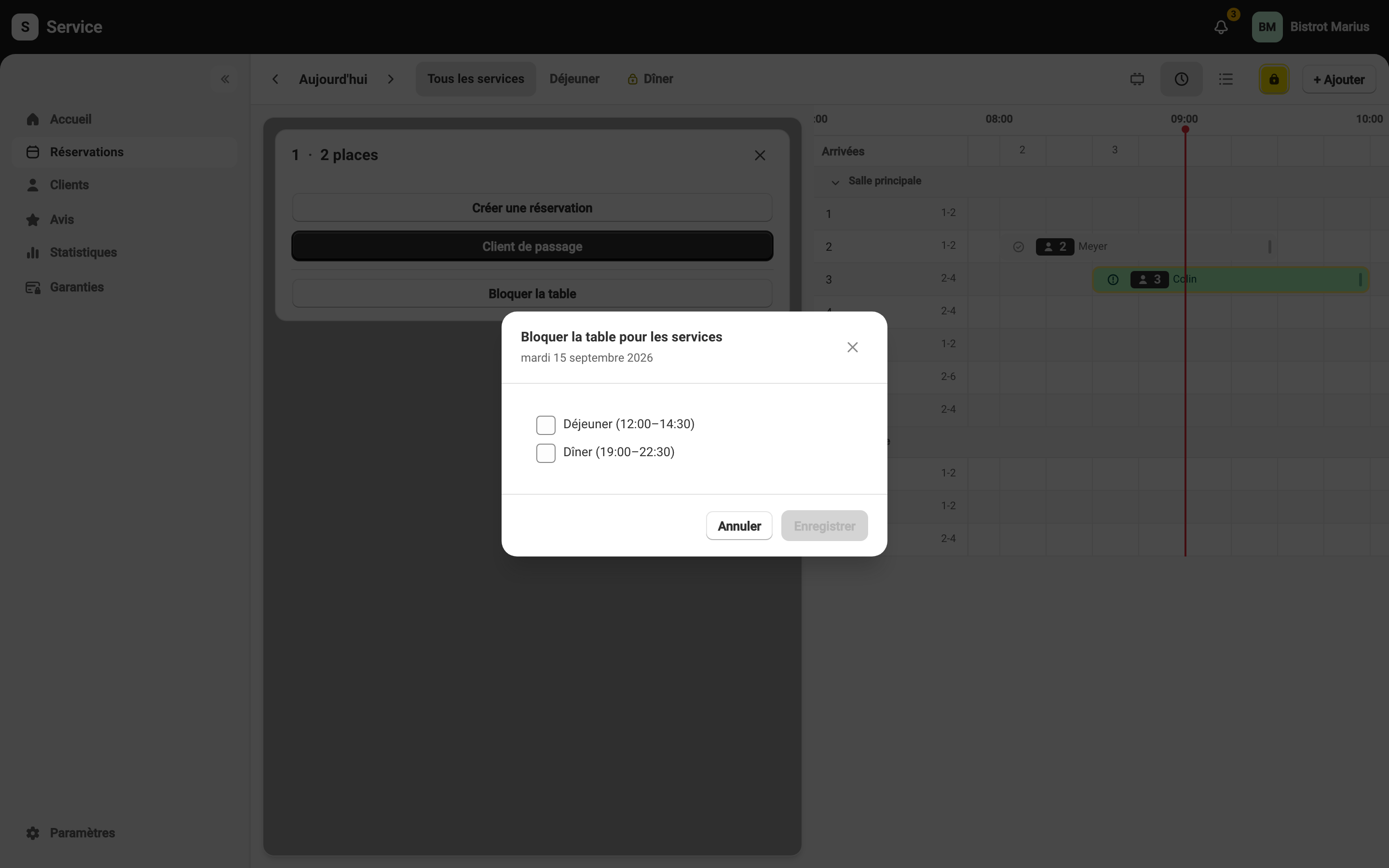La fenêtre Bloquer la table pour les services, avec la liste des services à cocher.