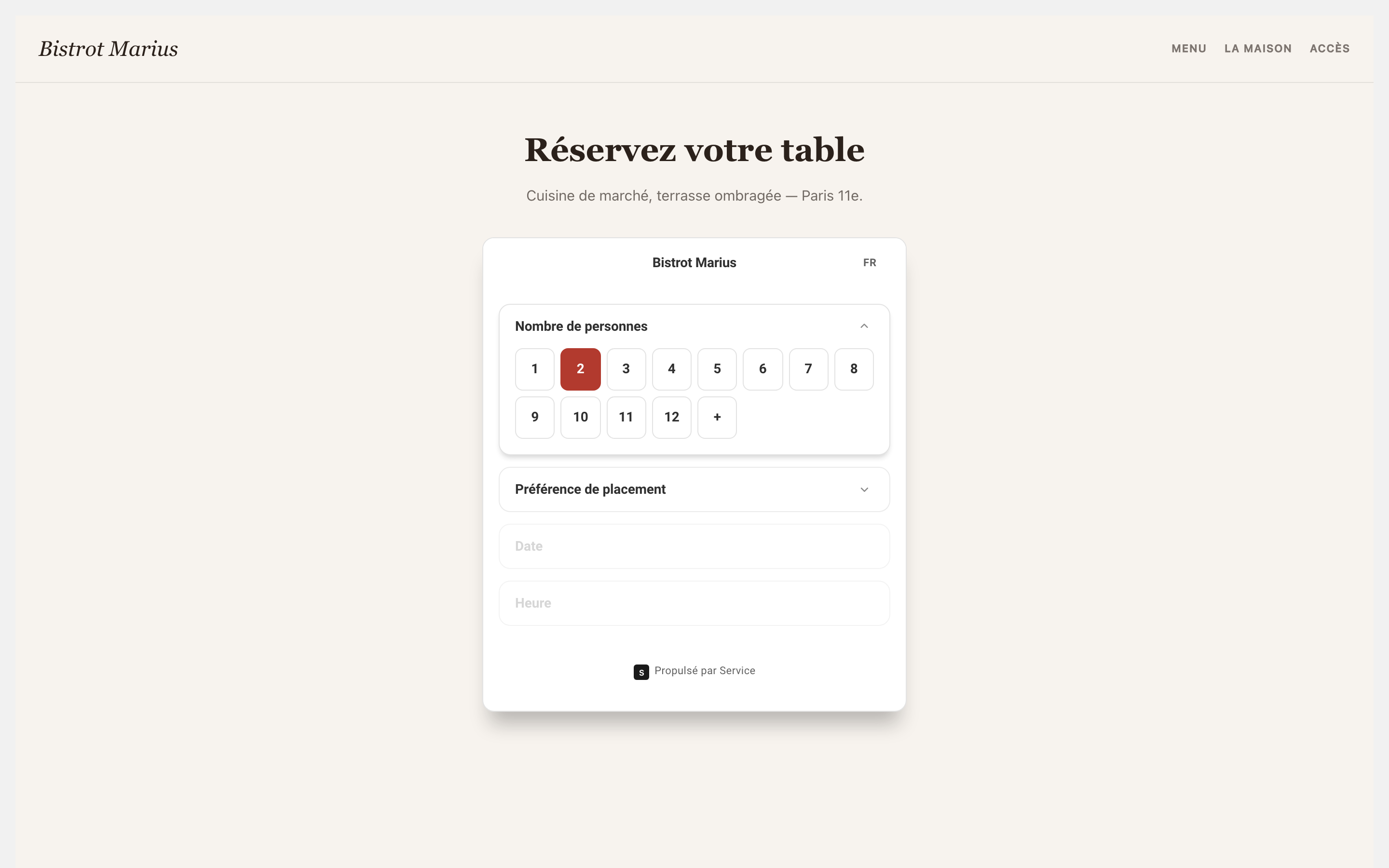 Le widget de réservation intégré dans le flux d'une page d'établissement, avec son en-tête et l'accordéon de réservation.